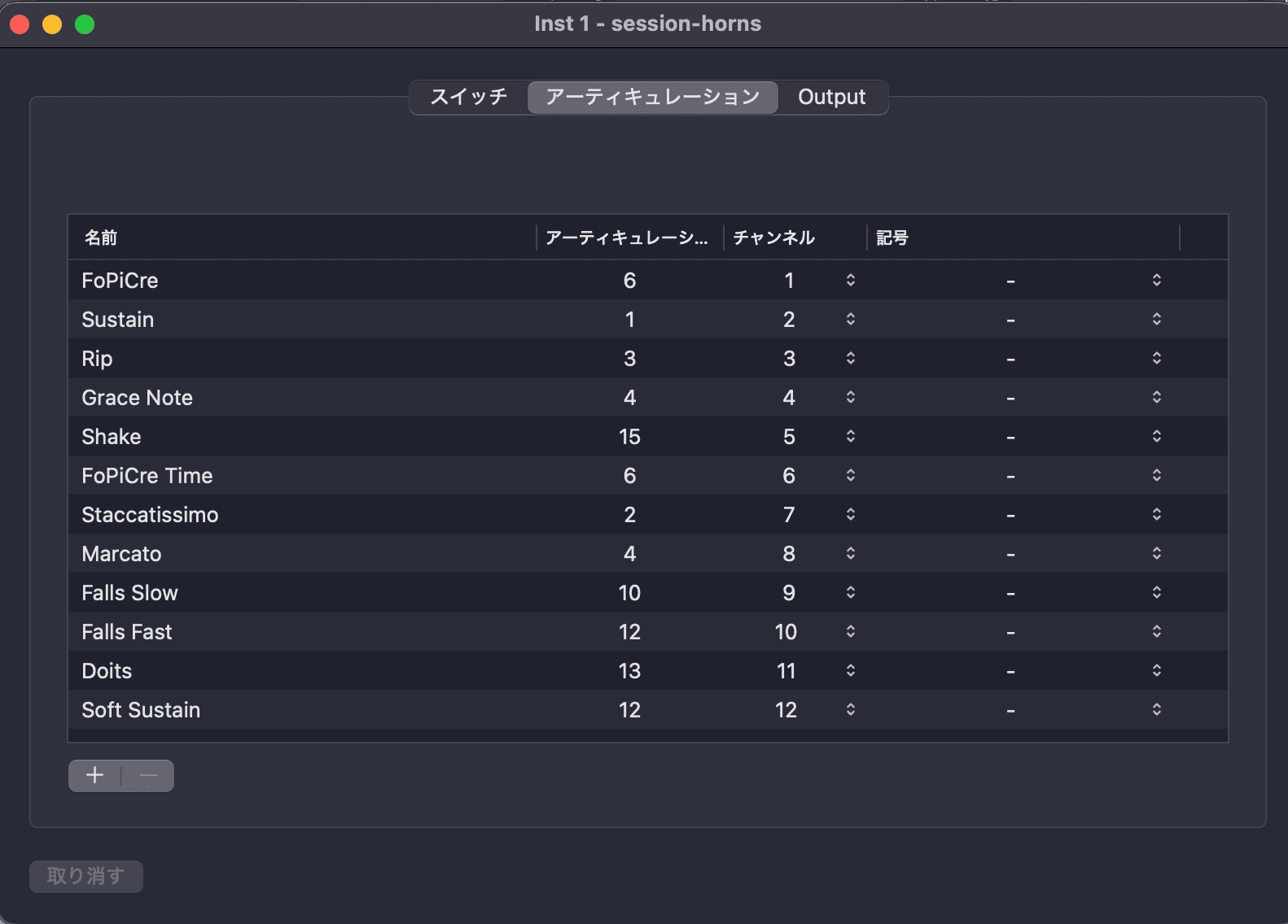 Logic ProのArticulation Set Editorに12種類のアーティキュレーションを登録した例