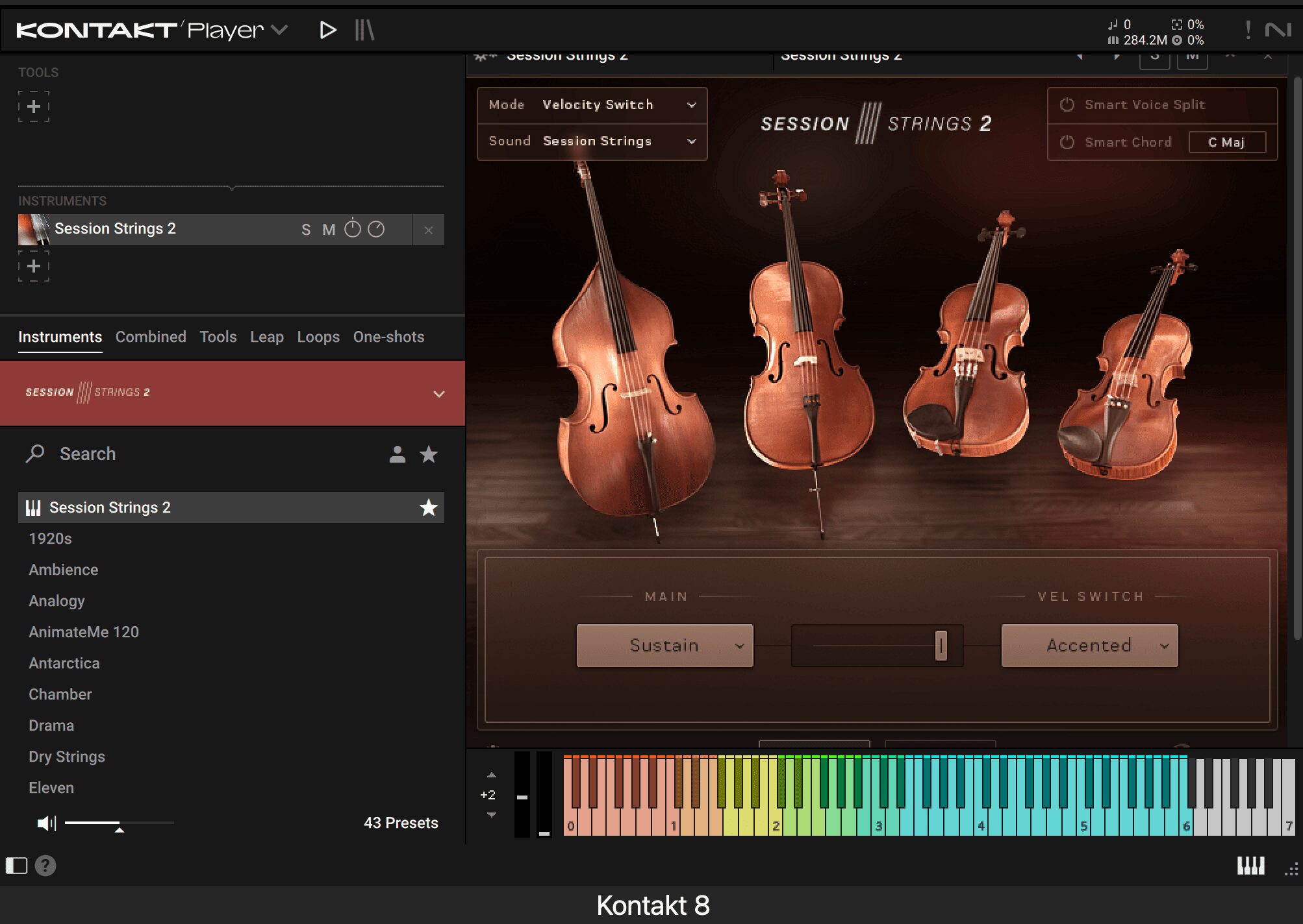 Session Strings 2でSustainを選びVelocity Switchの境界を上限に設定した画面
