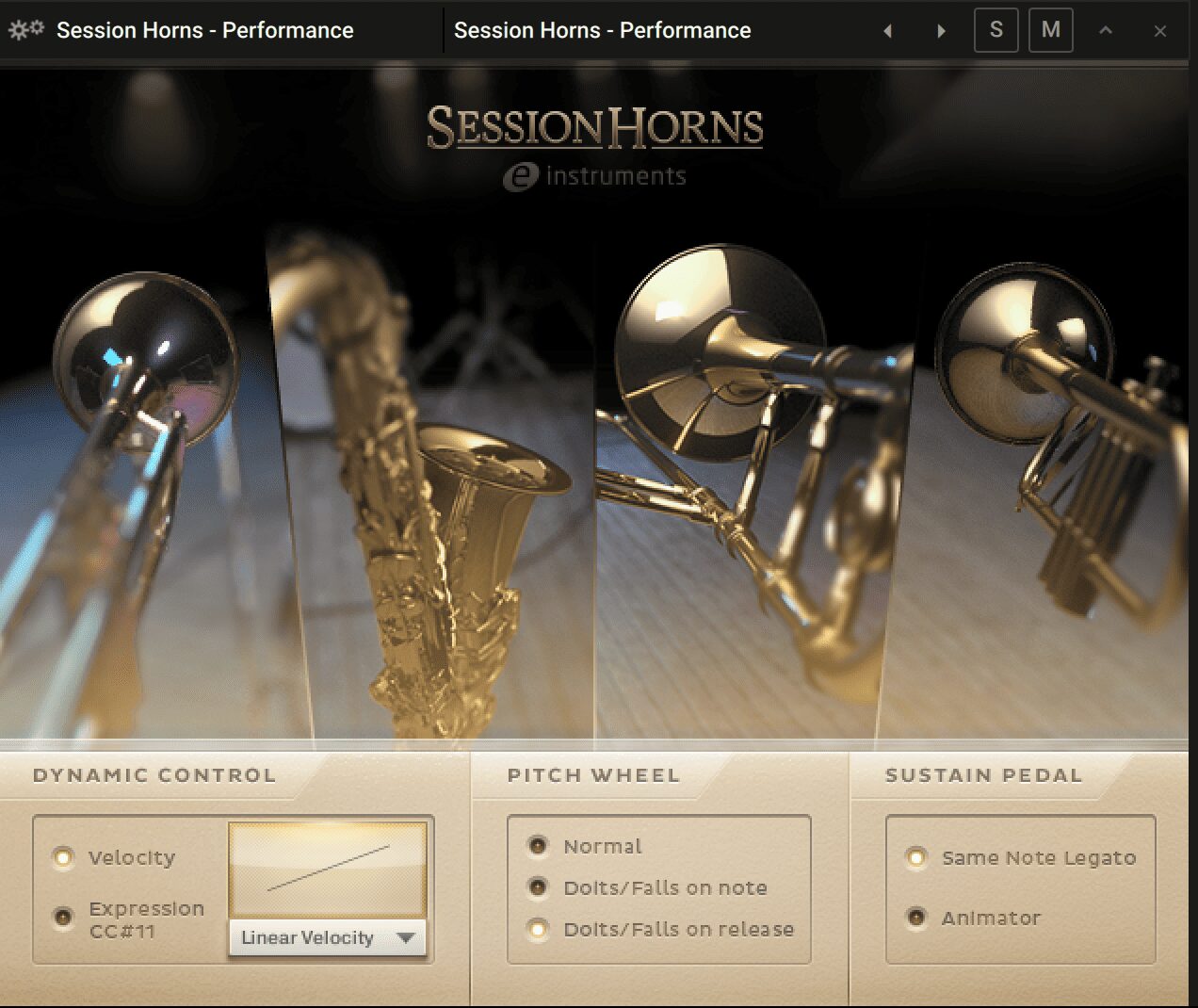 SESSION HORNS PerformanceのDynamic Control、Pitch Wheel、Sustain Pedal設定画面
