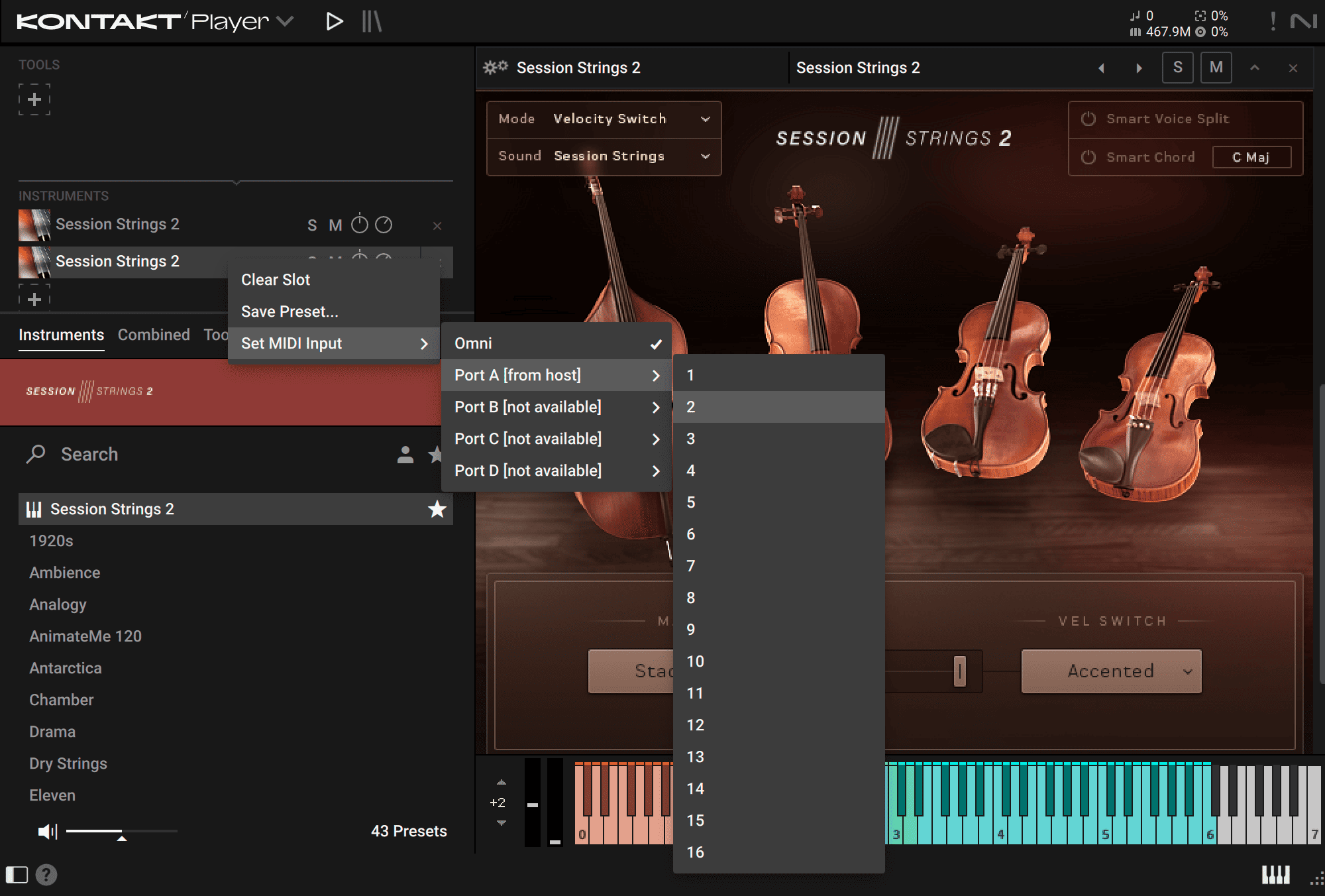 Staccato用Session Strings 2をMIDIチャンネル2に設定する画面