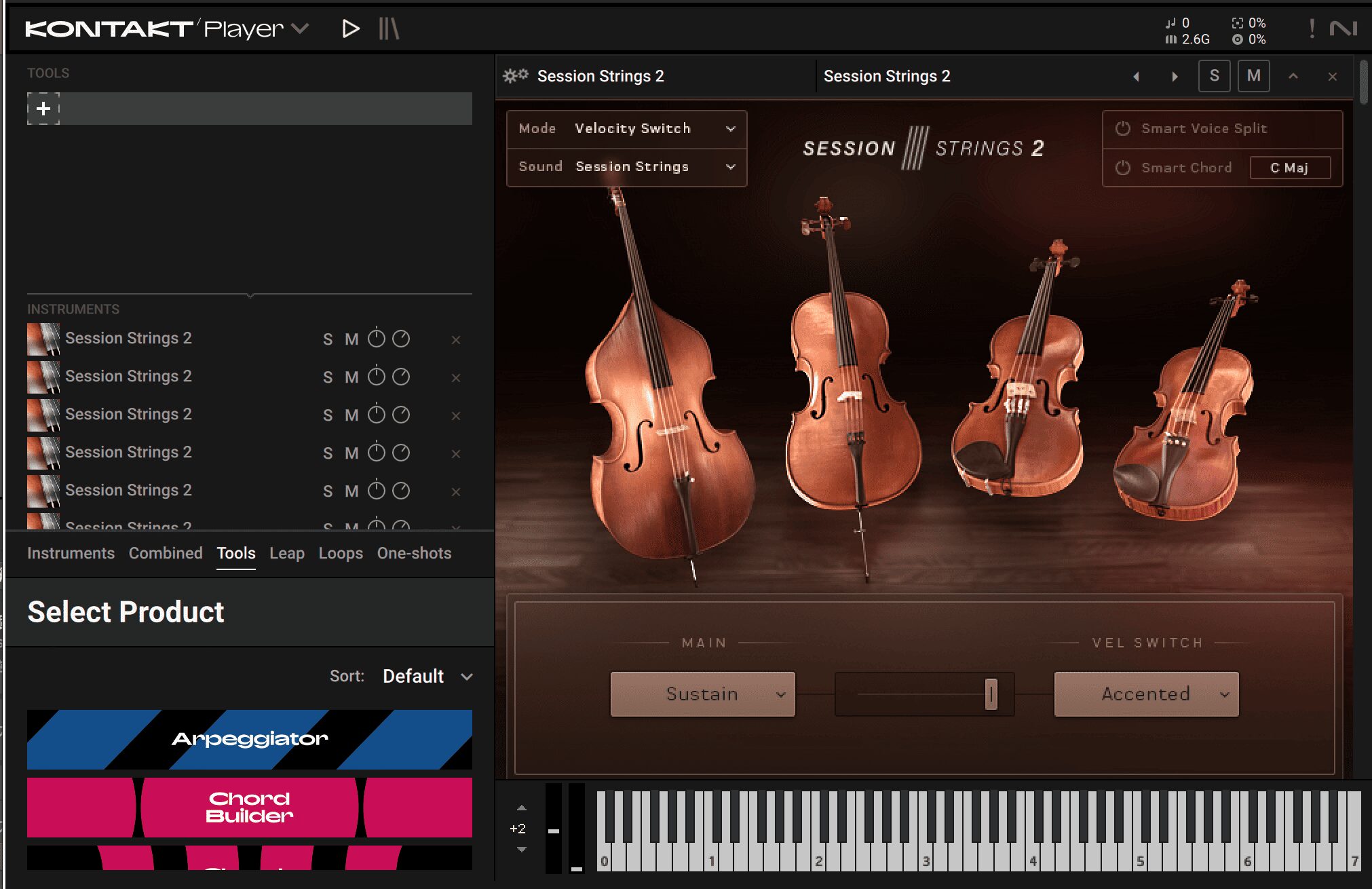 Kontaktに複数のSession Strings 2を読み込み奏法ごとに設定した画面