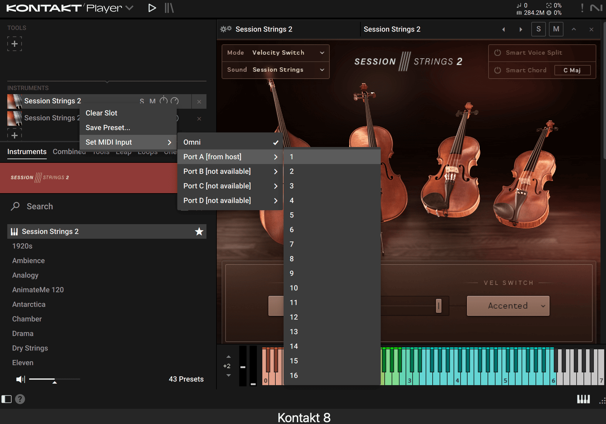 KontaktのSet MIDI InputでSession Strings 2をMIDIチャンネル1に設定する画面