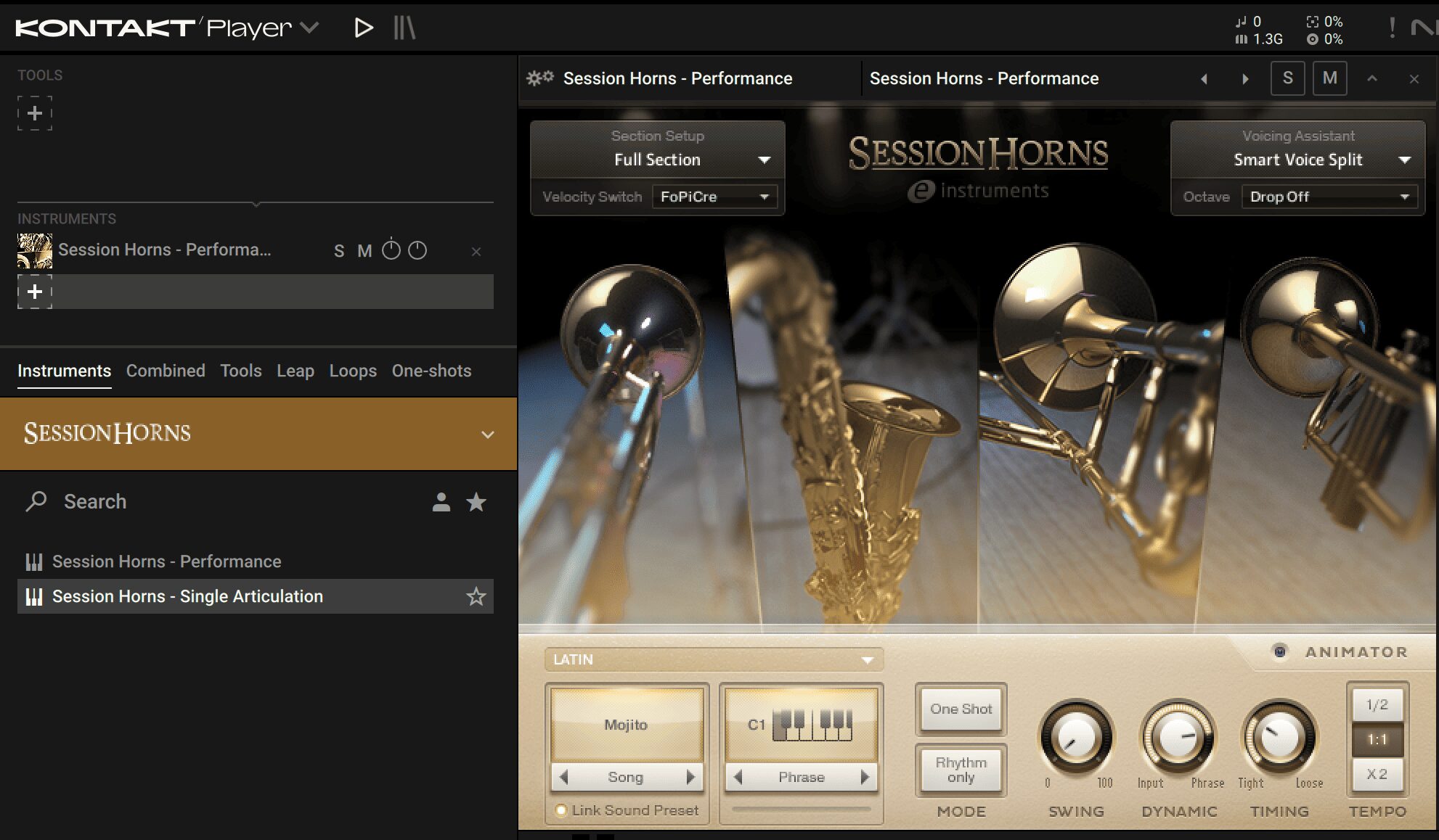SESSION HORNSのPerformanceとSingle Articulationを比較した画面