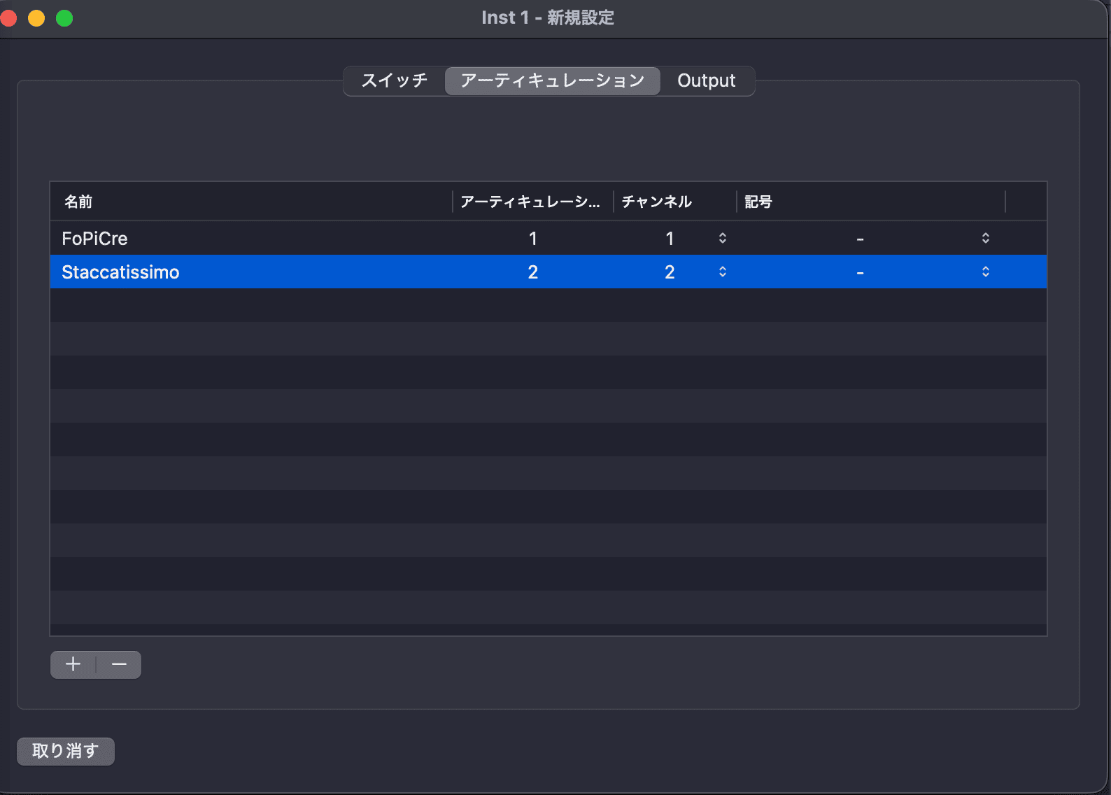 Logic ProのArticulation SetでFoPiCreをチャンネル1、Staccatissimoをチャンネル2へ割り当てた例