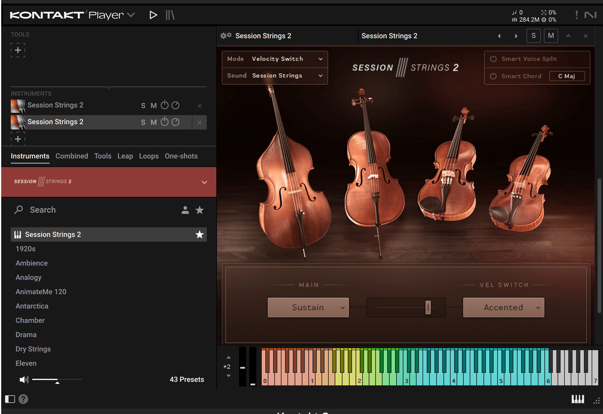 KontaktにSession Strings 2を2つ読み込んだ画面
