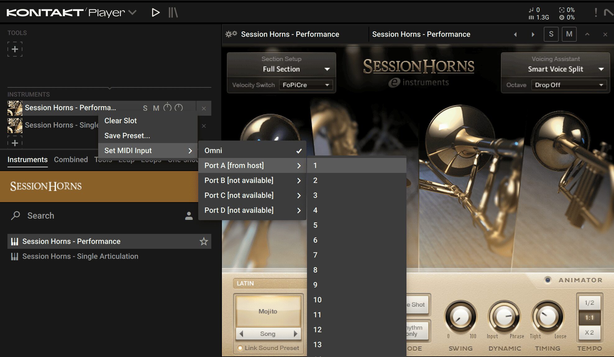 SESSION HORNS PerformanceスロットのSet MIDI InputでPort A from hostのチャンネル1を選ぶメニュー