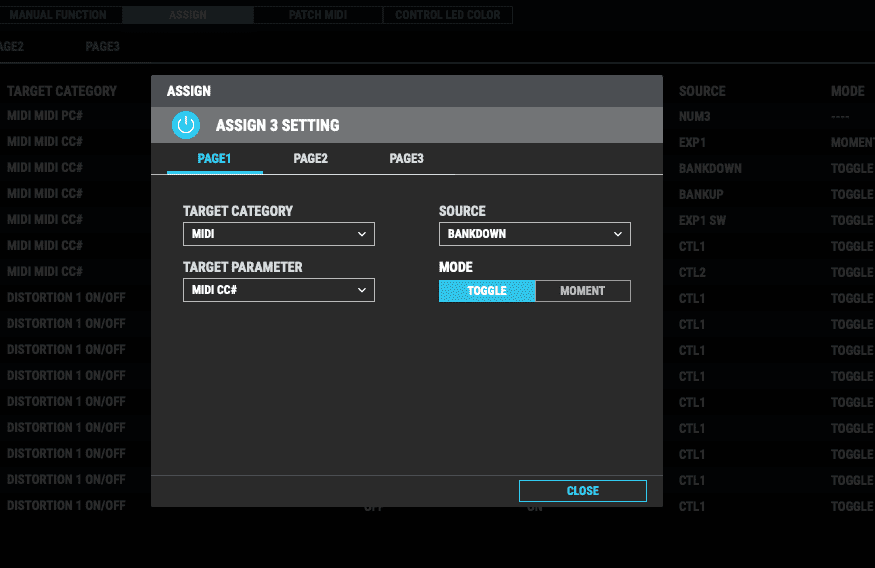 BOSS GT-1000のASSIGN3 PAGE1でTARGETをMIDI CC#、SOURCEをBANK DOWN、SOURCE MODEをTOGGLEに設定した画面