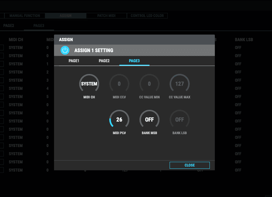 BOSS GT-1000のASSIGN1 PAGE3でMIDI CHをSYSTEM、MIDI PC#を26、MSBとLSBをOFFに設定した画面