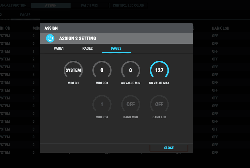 BOSS GT-1000のASSIGN2 PAGE1でTARGETをMIDI CC#、SOURCEをEXP1、SOURCE MODEをMOMENTに設定した画面