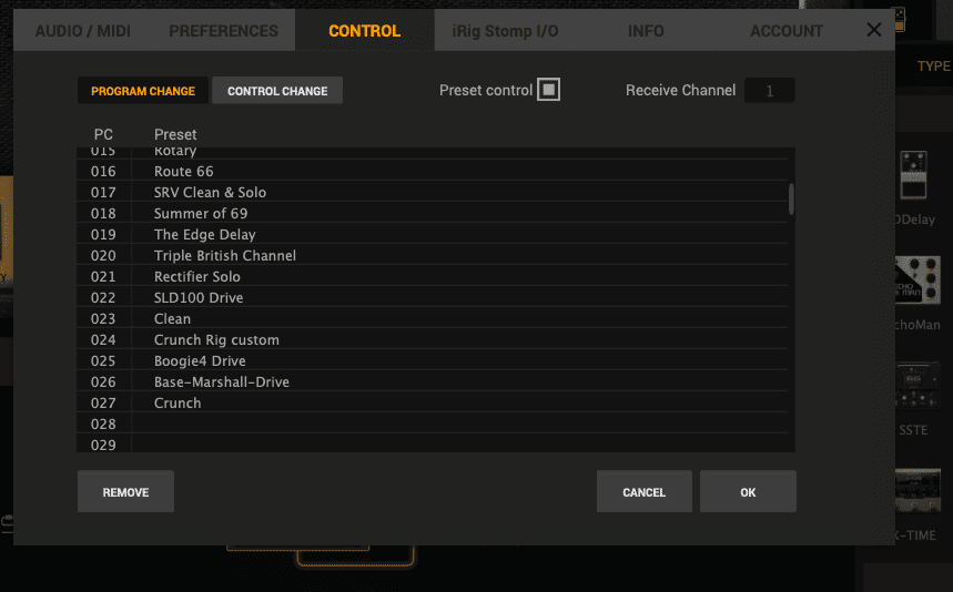 AmpliTube 5のCONTROL画面からPROGRAM CHANGEを選ぶ画面
