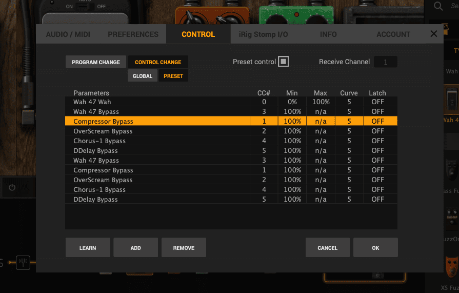 AmpliTube 5のCompressor BypassにCC#1、Min 100%、Max n/aを割り当てた画面