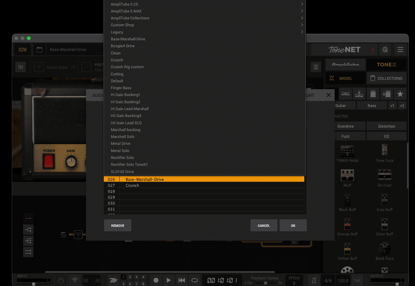 AmpliTube 5のCONTROL内にあるPROGRAM CHANGEの割り当て表