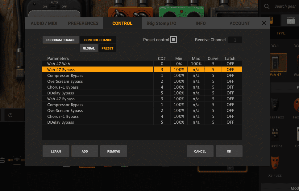 AmpliTube 5のWah 47にCC#0、Min 0%、Max 100%を割り当てた画面