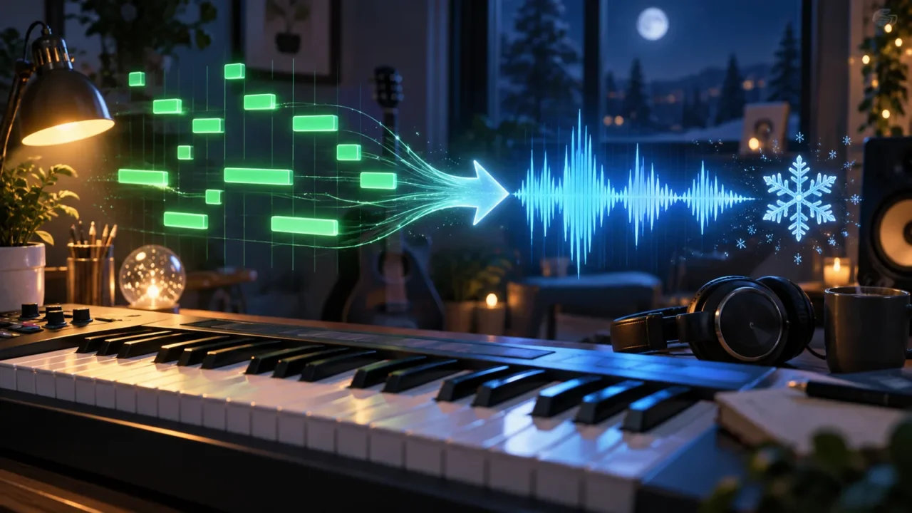 鍵盤の上でMIDIノートがオーディオ波形に変換され、フリーズを表す雪の結晶が浮かぶ制作イメージ