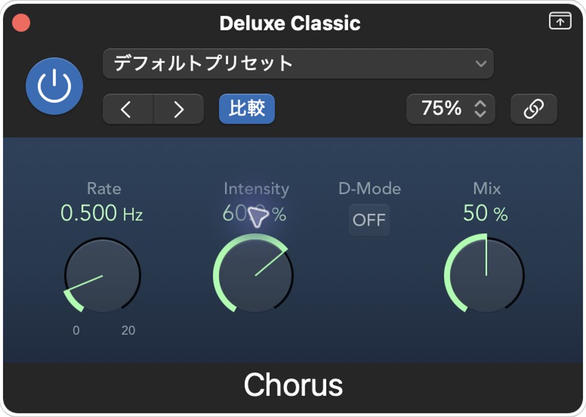 Chorusの実際の設定画面：Intensity 60%／Mix 50%