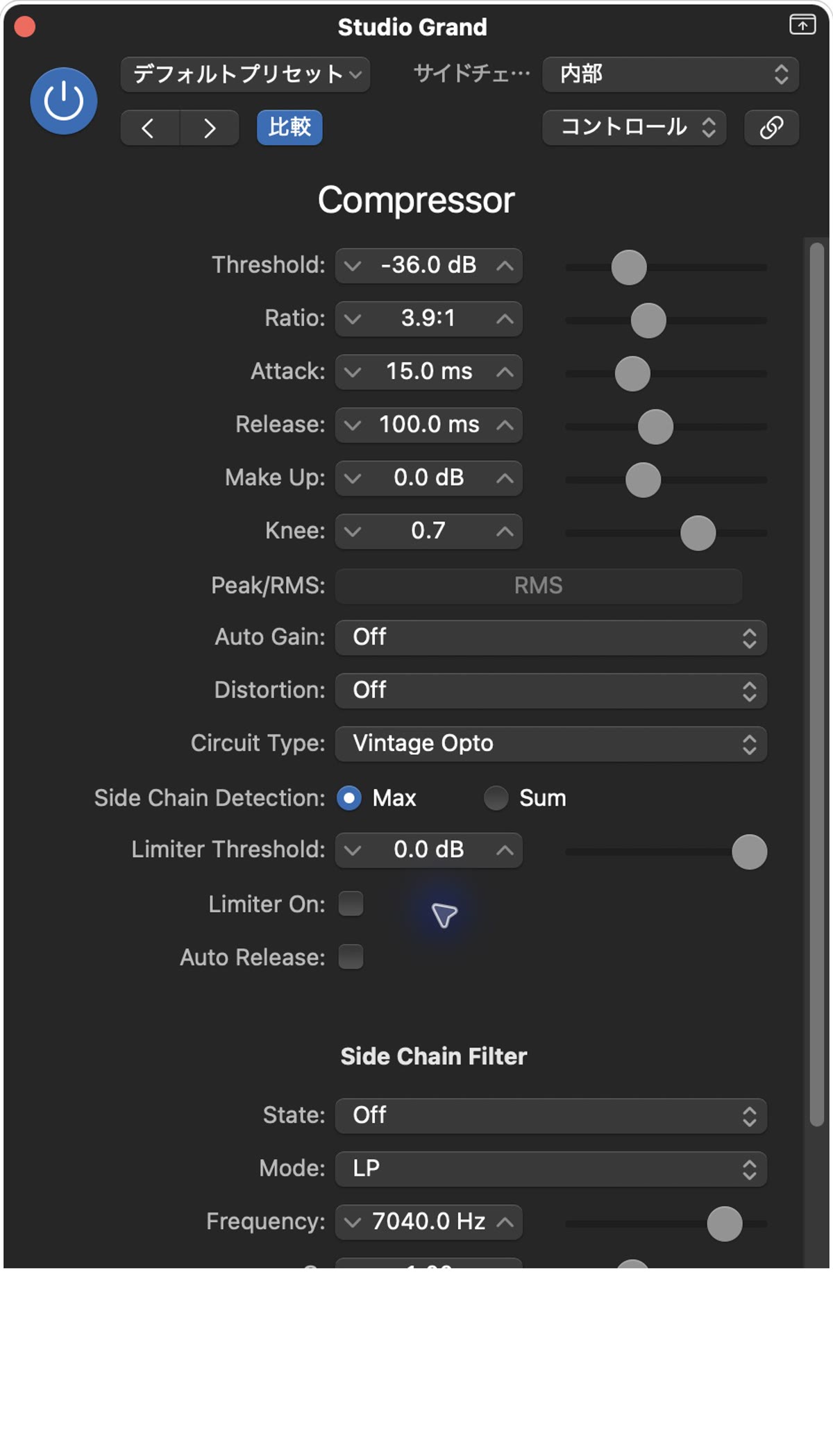 Compressorの実際の設定画面：Vintage Opto