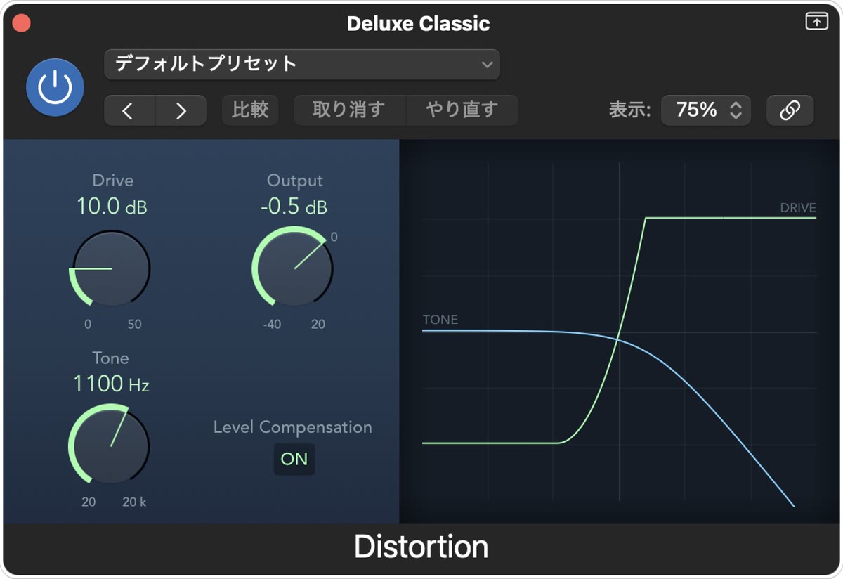 Distortionの実際の設定画面：Drive 10.0 dB
