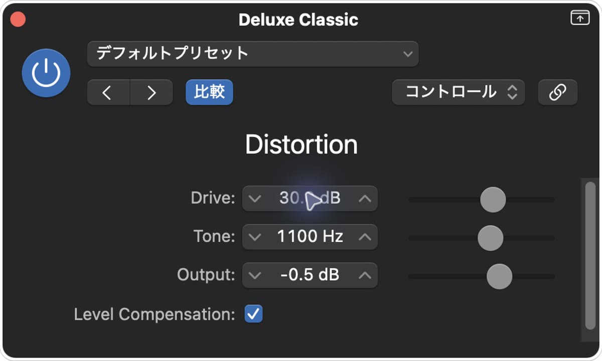 Distortionの実際の設定画面：Drive 30.0 dB
