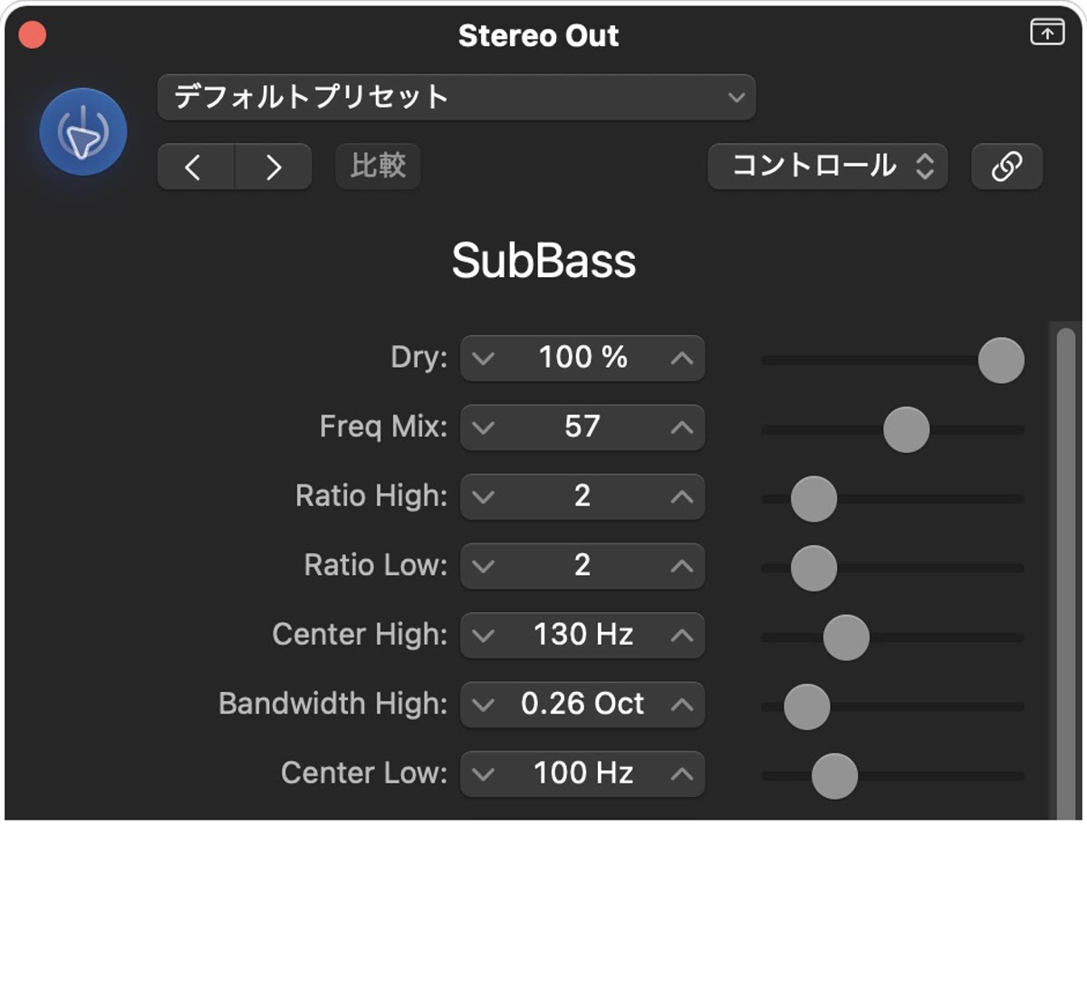 SubBassの実際の設定画面：Dry 100%・Wet 110%