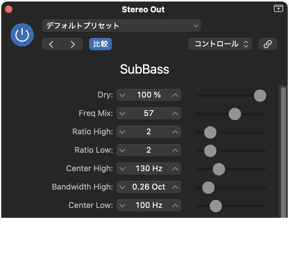 SubBassの実際の設定画面：Dry 100%・Wet 180%