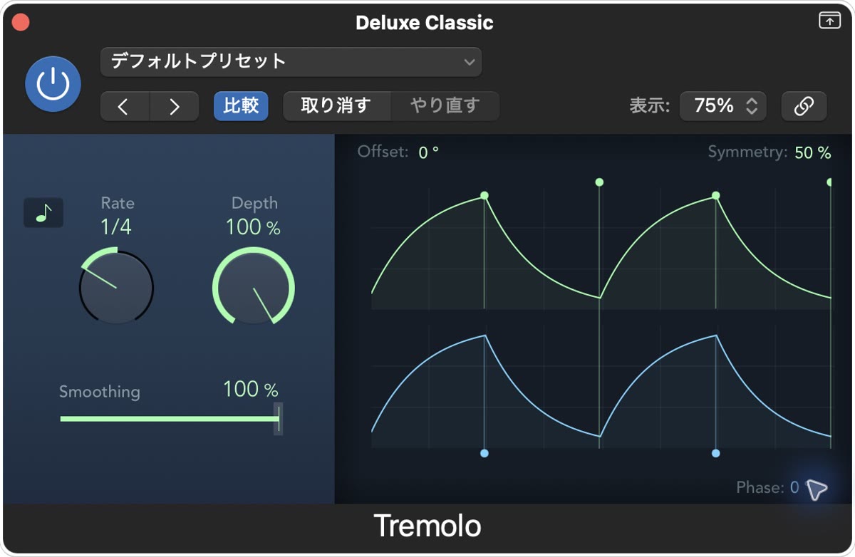 Tremoloの実際の設定画面：Phase 0°：左右同時