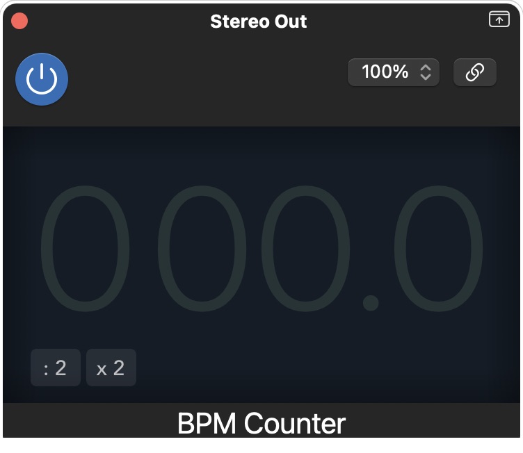 Logic ProのBPM Counter実画面：停止中の000.0表示と2分の1・2倍ボタン