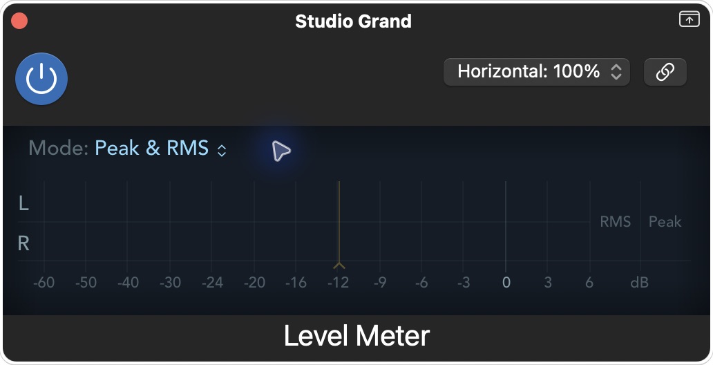 Logic ProのLevel Meter実画面：Peak、RMS、Peak & RMS、True Peak、True Peak & RMSの選択メニュー