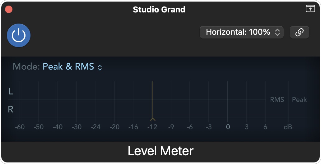 Logic ProのLevel Meter実画面：停止中のPeak & RMS表示