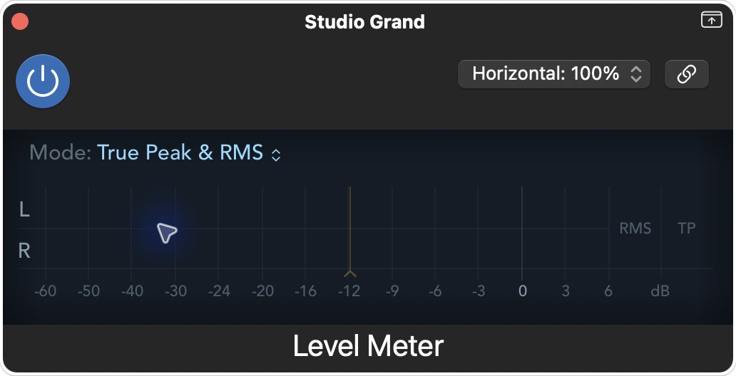 Logic ProのLevel Meter実画面：停止中のTrue Peak & RMS表示