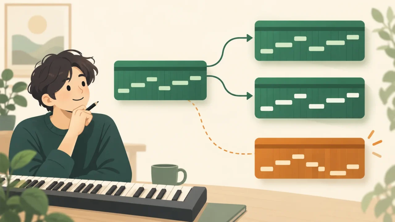 元のMIDIフレーズから二つの同じフレーズへつながり、一つだけ独立した変化を付ける概念イラスト