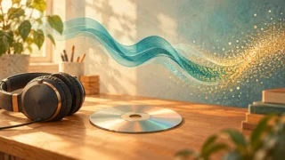 ヘッドホンとCDの上に、音の波と細かな粒子を描いたディザの概念イラスト