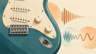 ギター本体のつまみと、音量や音色の変化を表す波形を描いた概念イラスト