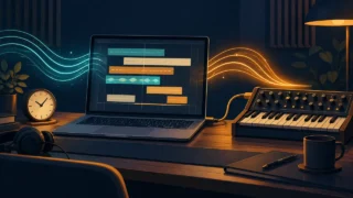 ノートPCの音声トラックと外部シンセ、時計を描いたバウンス方式の概念イラスト
