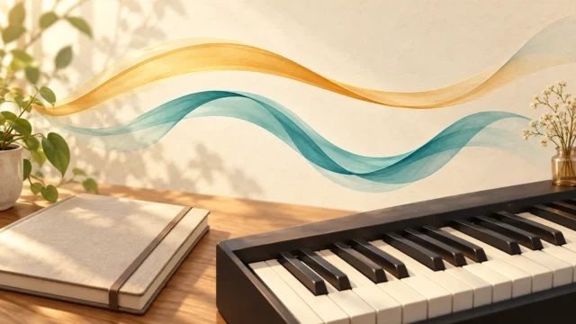 鍵盤とノートの上を曲線が流れる、音の持続とつながりのイメージ