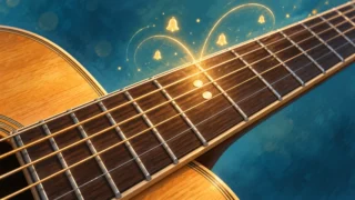 ギターの指板と鐘のような響きを表現したナチュラルハーモニクスのイメージイラスト