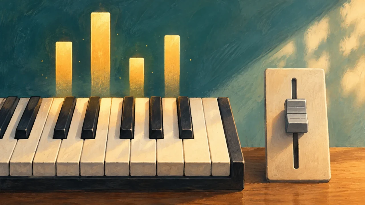 鍵盤の上の強弱を表す棒と音量フェーダーを描いた、ベロシティとボリュームのイメージイラスト
