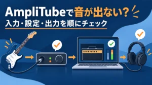 AmpliTubeで音が出ないときに、ギター入力・設定・音声出力を順に確認する記事のアイキャッチ