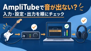 AmpliTubeで音が出ないときに、ギター入力・設定・音声出力を順に確認する記事のアイキャッチ