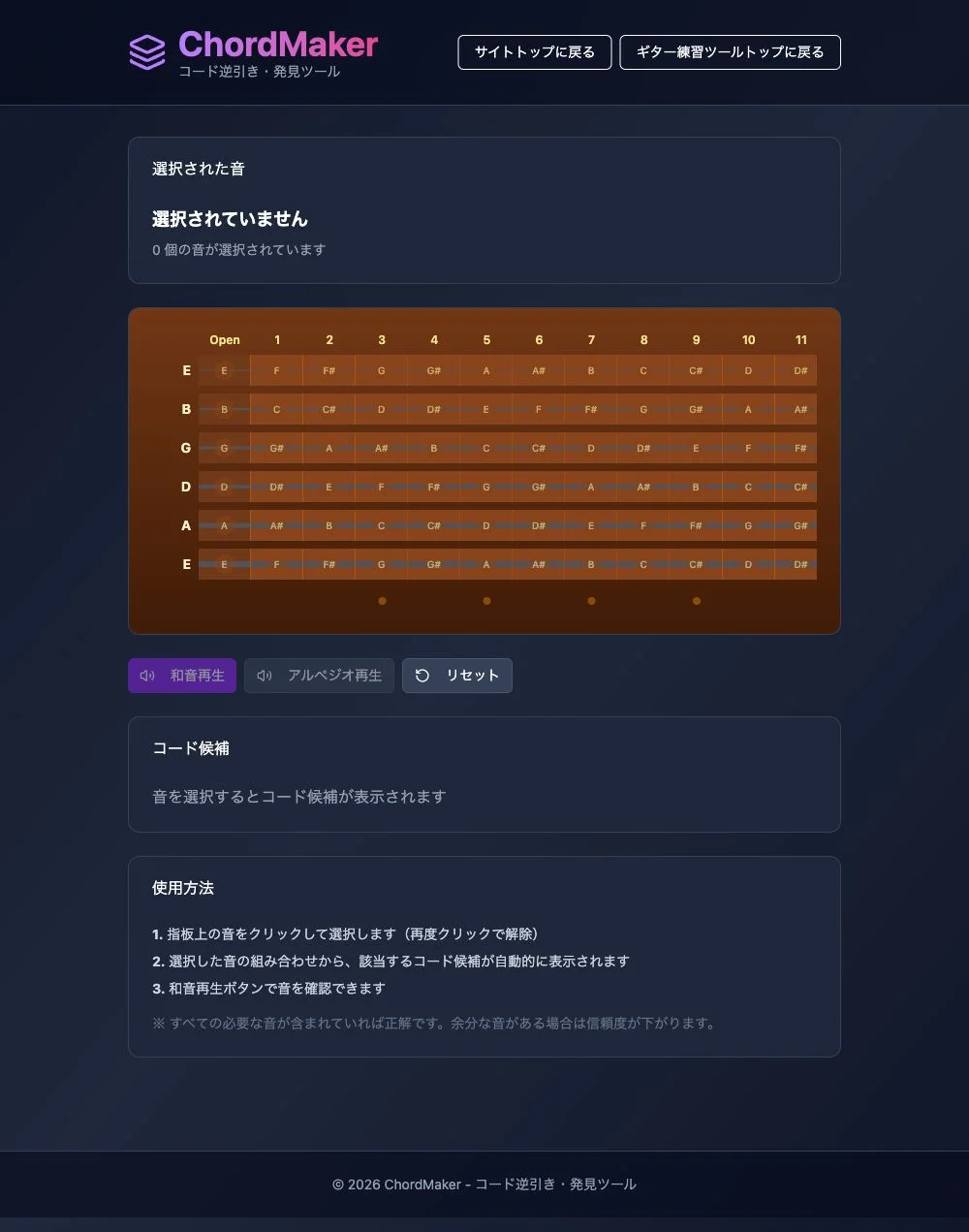 Chord Makerの初期画面。選択された音が0個の状態で、指板、和音再生、アルペジオ再生、リセット、コード候補欄が並ぶ