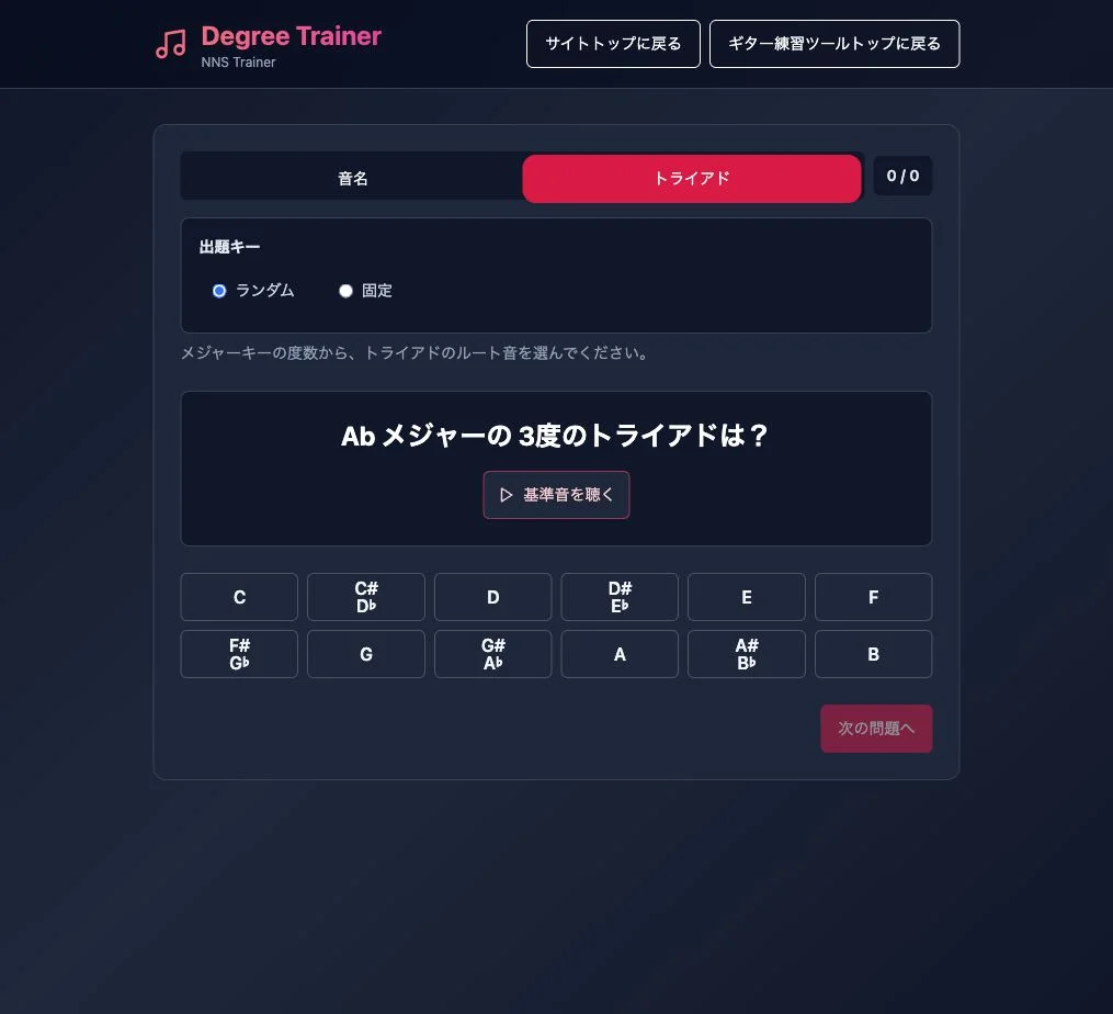 Degree Trainerのトライアドモード。Abメジャーの3度のトライアドについて、12音のルート音ボタンから答える画面